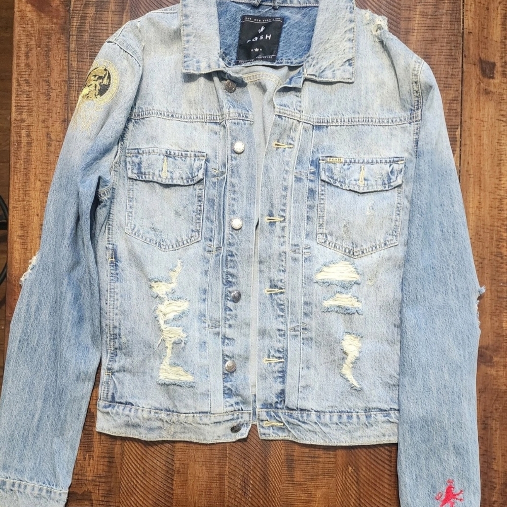 Posh New York Mens Jean Jacket Distressed Size Large Light Blue Denim